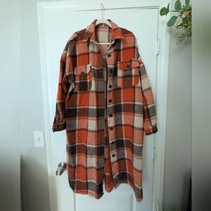 Plaid Longline Shacket in Orange and Brown